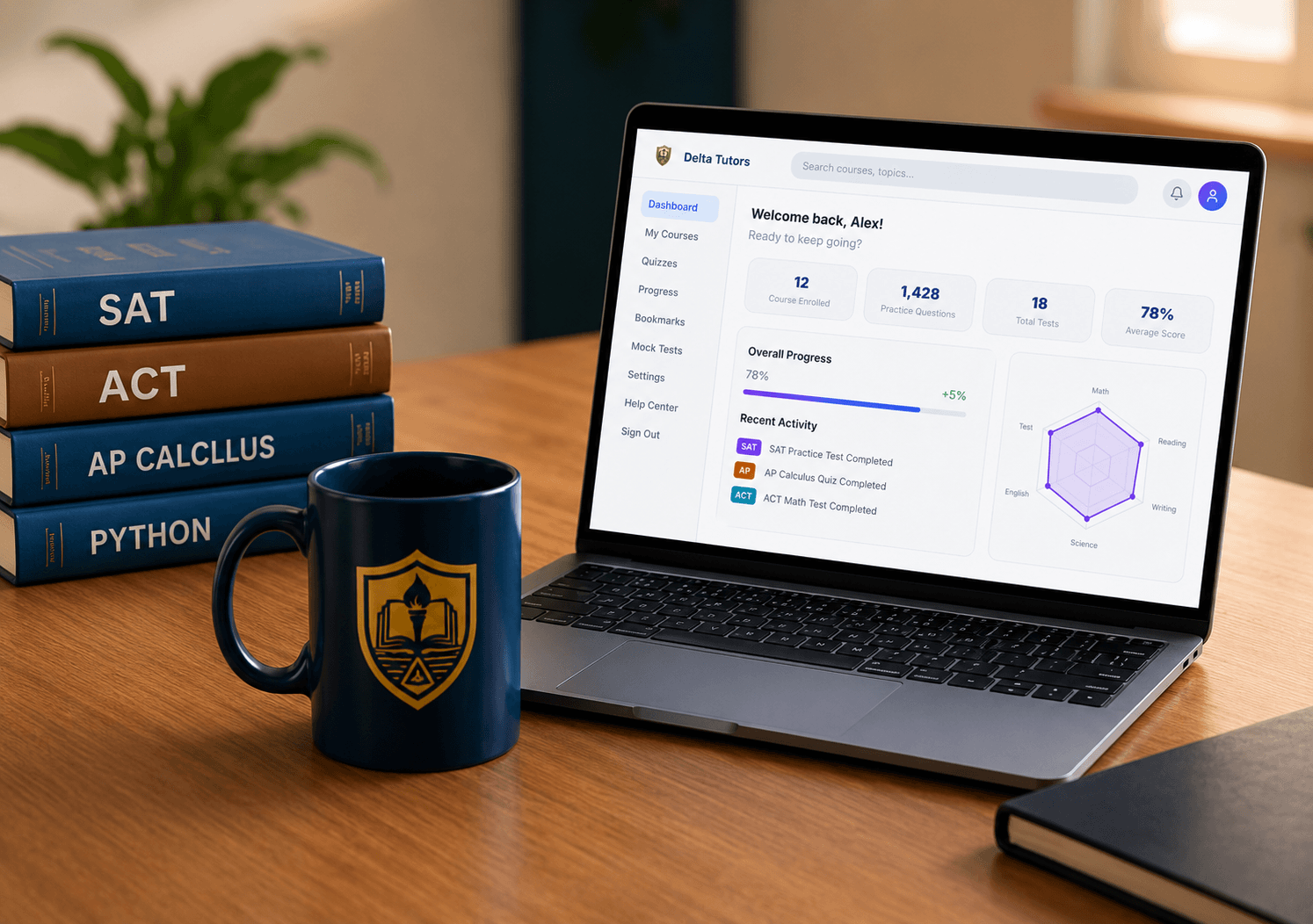 Delta Tutors study desk with SAT, ACT, AP Calculus and Python books, laptop showing the platform, and branded mug